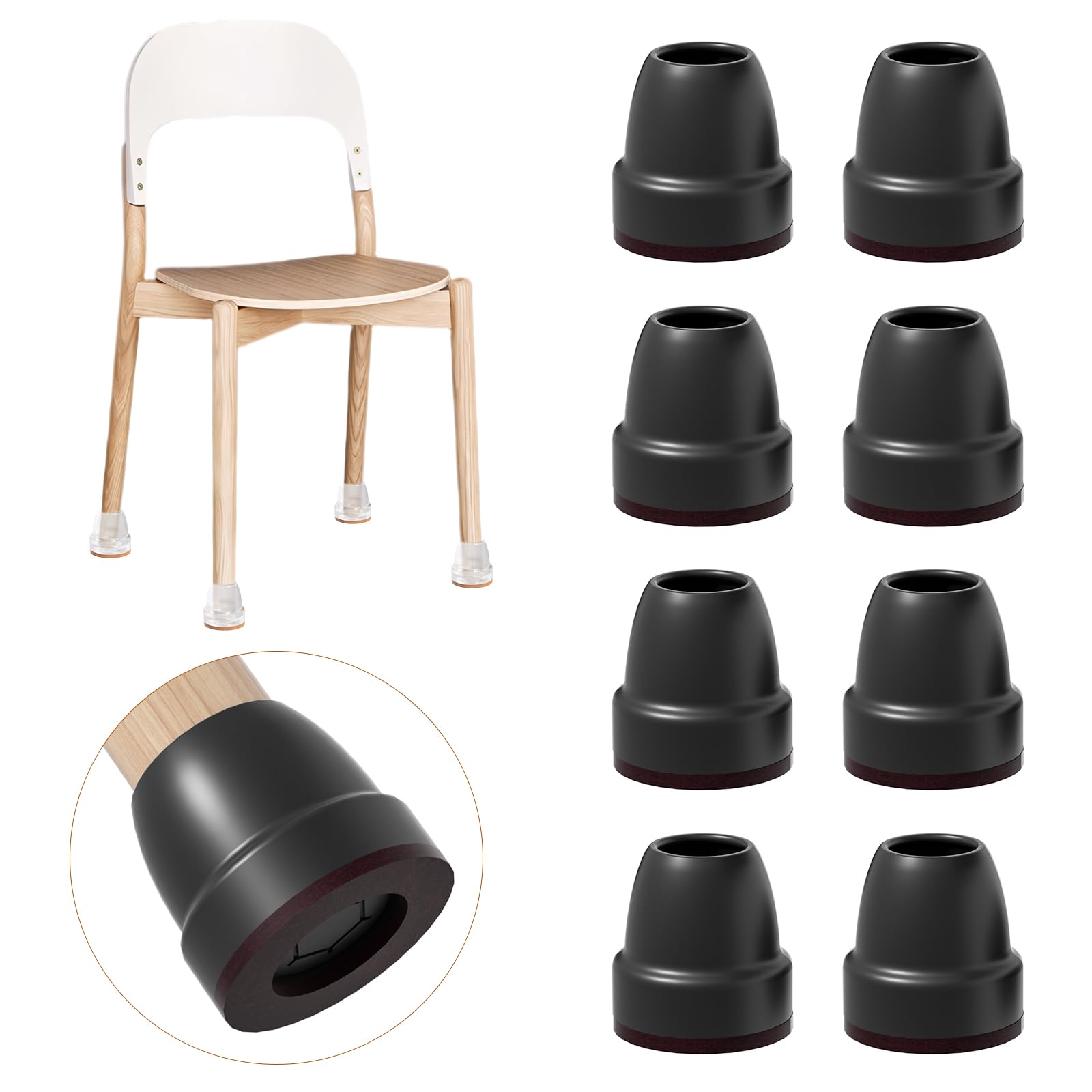 Ezprotekt Chair Leg Covers Anti Skid Sliding Automatic Switching, 8 PCS 0.75" Black Silicone Chair Leg Floor Protectors with Wrapped Felt, Rubber Chair Leg Caps, Furniture Feet Protectors Pads