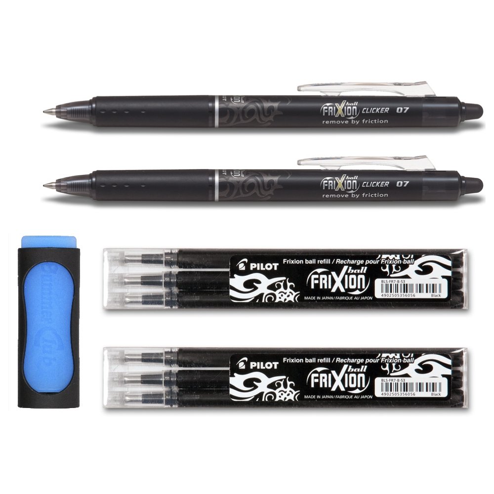 Frixion Clicker x 2 0.7 Black + Set of 6 refills + Rubber
