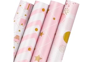 FUHITIM Pink Wrapping Paper Roll, Birthday Wrapping Paper -Mini Roll - 4 Rolls (56 sq.ft) Pink Gift Wrapping Paper, Perfect for Birthday, Baby Shower, all Occassion - 17 in x 120 in Per roll