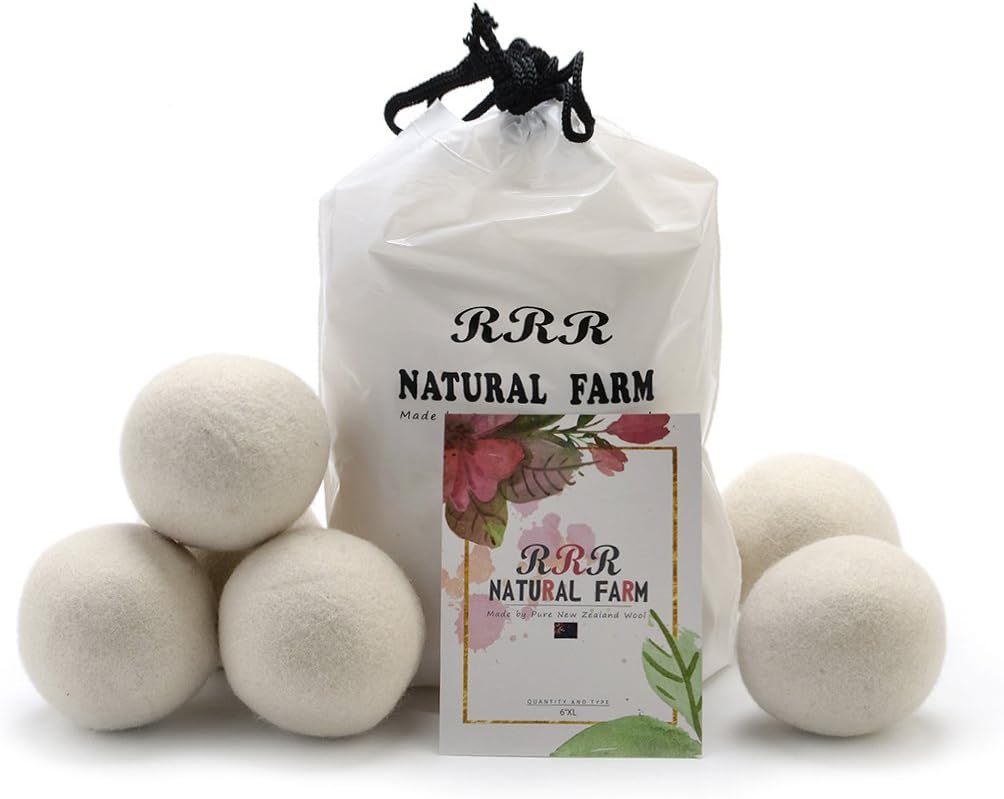 Wool Dryer Balls Pack of 6 XL 2.8" by RRR Natural Farm - 100% Organic New Zealand Reusable Natural Fabric Softener Healthy Laundry Life
