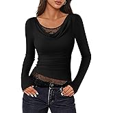 ZESICA Women's Fall Long Sleeve Tops 2026 Casual Cowl Neck Lace Slim Fit Going Out Y2k Knit Shirts Blouses