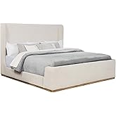 CARTESIAN Upholstered Platform Eastern King Bed, Cream Boucle Fabric with Oak Base, Modern Farmhouse Style
