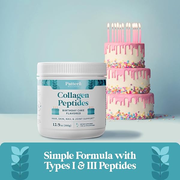 PATTERN WELLNESS COLLAGEN PEPTIDES POWDER (TYPE I & III) – HAIR, NAILS, SKIN AND JOINT HEALTH – GRASS FED & PASTURE RAISED – HYDROLYZED COLLAGEN, NON-GMO, DAIRY FREE, & KETO – BIRTHDAY CAKE (13 OZ)