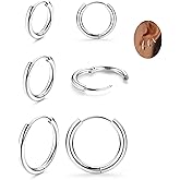ZELORES 3 Pairs 925 Sterling Silver Hoop Earrings for Women Men Lightweight Small Helix Cartilage Hinged Hoop Earrings 18K White Gold Plated Huggie Hoop Earrings Set 6mm 8mm 10mm 12mm