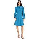 Maggy London Womens Long Sleeve Tie Neck Fit and Flare Dress