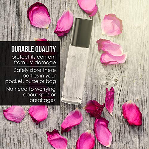 20 Pack - Essential Oil Roller Bottles [Metal Chrome Roller Ball] FREE Plastic Pippette, Funnel and Bottle Opener Refillable Glass Color Roll On for Fragrance Essential Oil - 10 ml 1/3 oz (Clear Color - Thumbnail 5