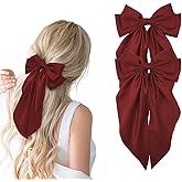 Hair Bows for Women, 2Pcs Burgundy Red Bow Hair Clips for Girls, Silky Satin Hair Bows Clips Long Tail, Large Hair Barrettes Cute Aesthetic Hair Accessories