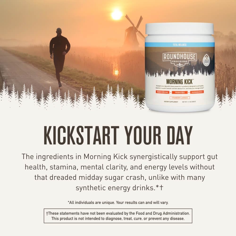 ROUNDHOUSE PROVISION Morning Kick, Zero Sugar Greens Superfood Powder Supplement with Ashwaganda, Collagen, Probiotics, Debloat Drink, 30 Servings (Strawberry Lemonade) by Chuck Norris