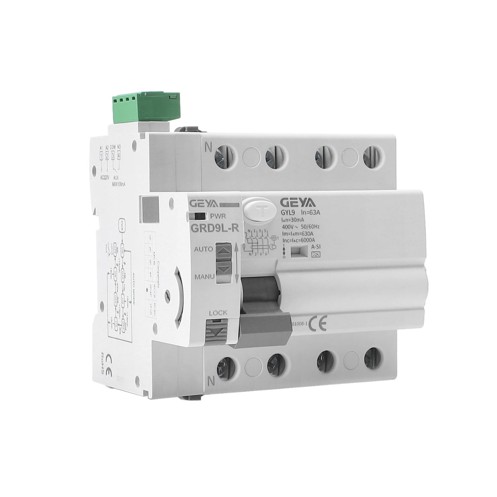GEYA Automatic Reclosing Leakage Circuit Breakers RCD Electromagnetic (Auto Recloser AC220V+A-SI Type RCCB 4P-63A-30mA)