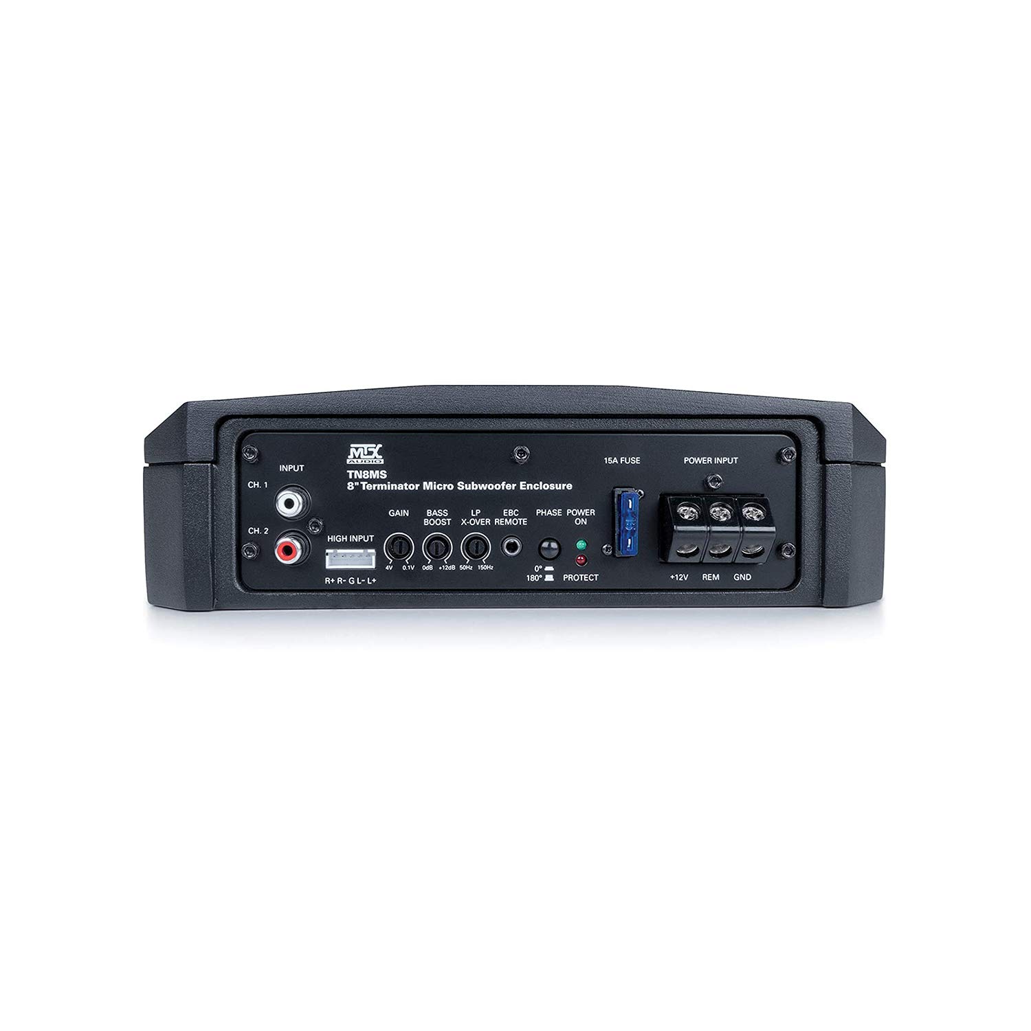 MTX TN8MS Terminator 8 Inch Micro Compact Amplified Subwoofer Enclosure for Small Vehicles with Class A/B Amplifier, Variable Bass Boost, External Bass Control, and Smart Engage Auto Turn On Circuitry