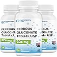 Puregen Labs Ferrous Gluconate 324 mg [High Potency] Iron Supplement, Gentle on Stomach | 3 Pack - 300 Tablets Total