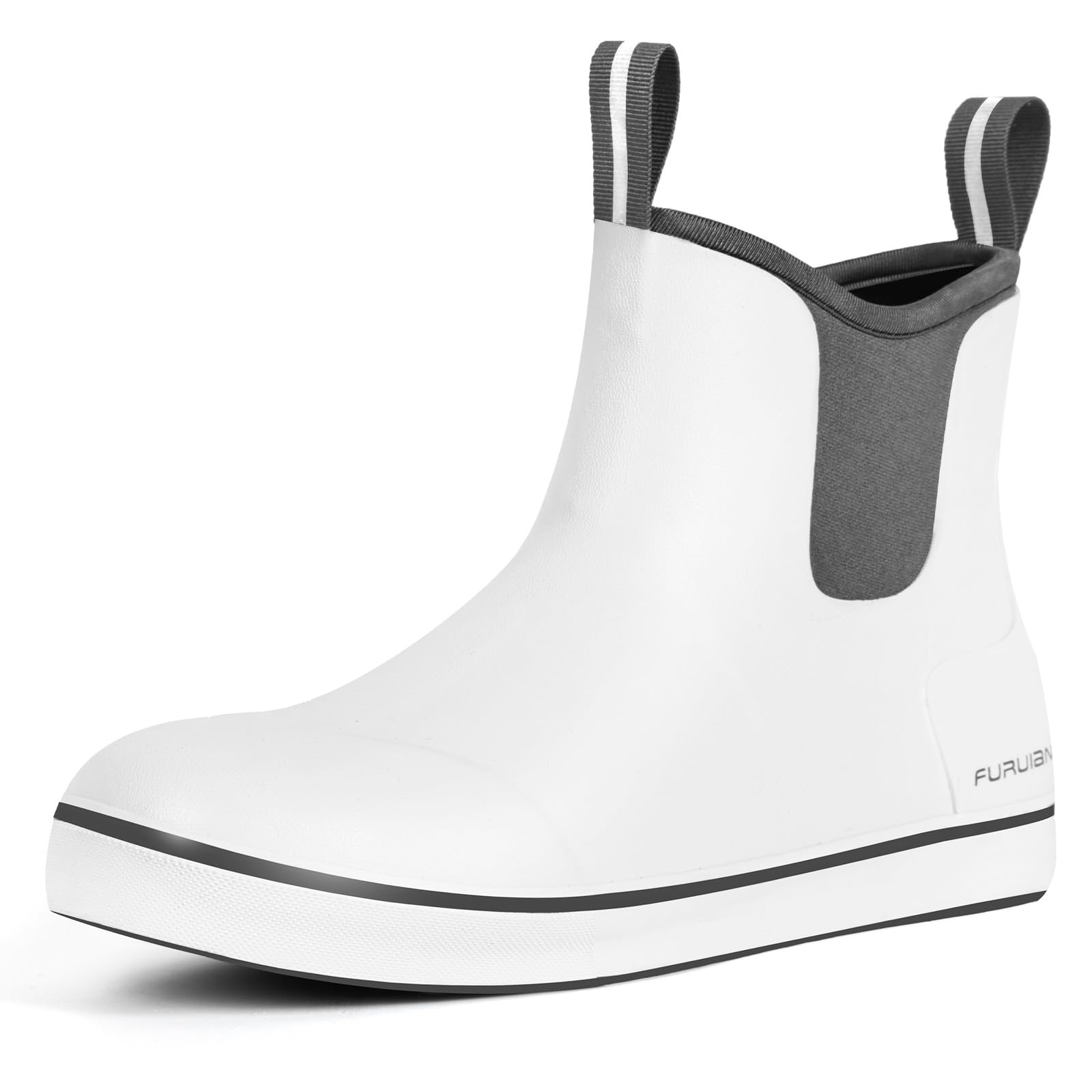 FURUIAN Men's Deck Boots Fishing Boots Waterproof Rain Boots Ankle Booties Slip On Neoprene Rubber Footwear Chelsea Boots Men botas para hombre for Gardening Fishing Boating Camping Sailing, White 7.5 Image