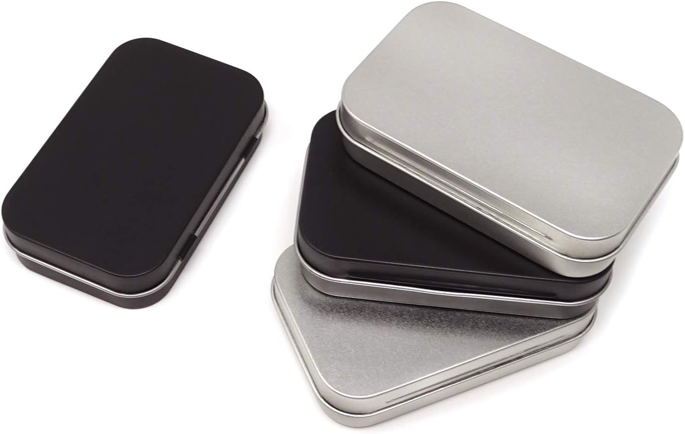 Honbay 4PCS Metal Portable Small Storage Container Rectangular Hinged Empty Tin Boxes with Lids for Home and Outdoor Storage (Silver and Black, 3.9 x 2.5 x 0.9 Inch)