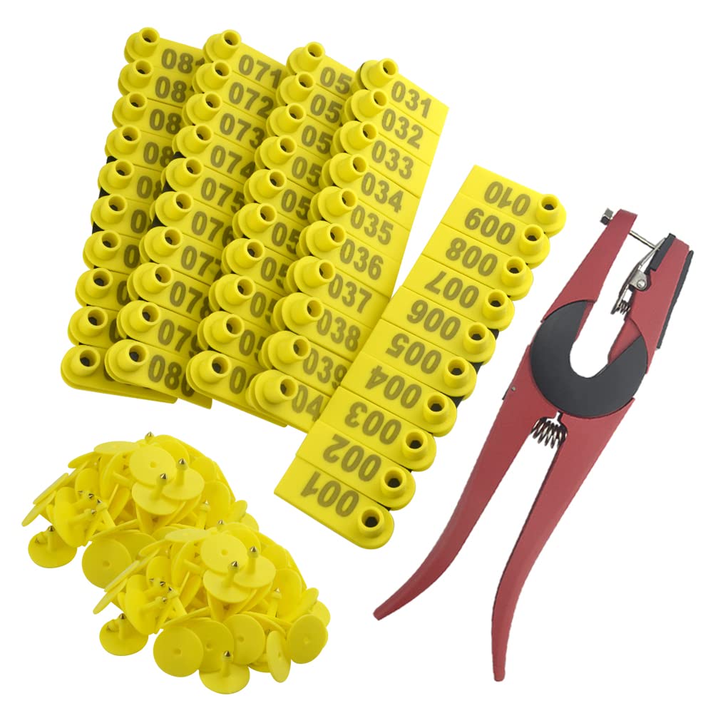 WMYCONGCONG 1-100 Number Sheep Ear Tag Livestock Tags and 1 PCS Ear Tag Applicator Plier for Goat Sheep (Yellow)