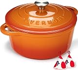 Overmont 26cm Enamelled Cast Iron Round Casserole Pot with Lid & Potholders