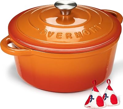 Overmont 26cm Enamelled Cast Iron Round Casserole Pot with Lid & Potholders