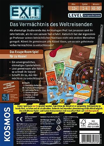 KOSMOS 682828 EXIT - Das Spiel - Das Vermächtnis des Weltreisenden, Level: Fortgeschrittene, Escape Room Spiel, EXIT Game für 1-4 Spieler ab 12 Jahre, EIN einmaliges Gesellschaftsspiel 2
