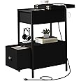 SOOWERY End Table with Charging Station, Narrow Side Table with Flip Top Cabinet and Fabric Drawer, Nightstand Bedside Tables for Small Spaces, Bedroom, Living Room, Black