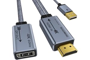 HDMI to DisplayPort Adapter 4K@60Hz, HDMI Source to DP Monitor Converter, Support HDR, HDMI 2.0, DP 1.2 with 50cm USB Power C