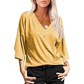 Grlasen Women's 3/4 Sleeve T-Shirt Summer V-Neck top Vintage Cotton Basic T-Shirt