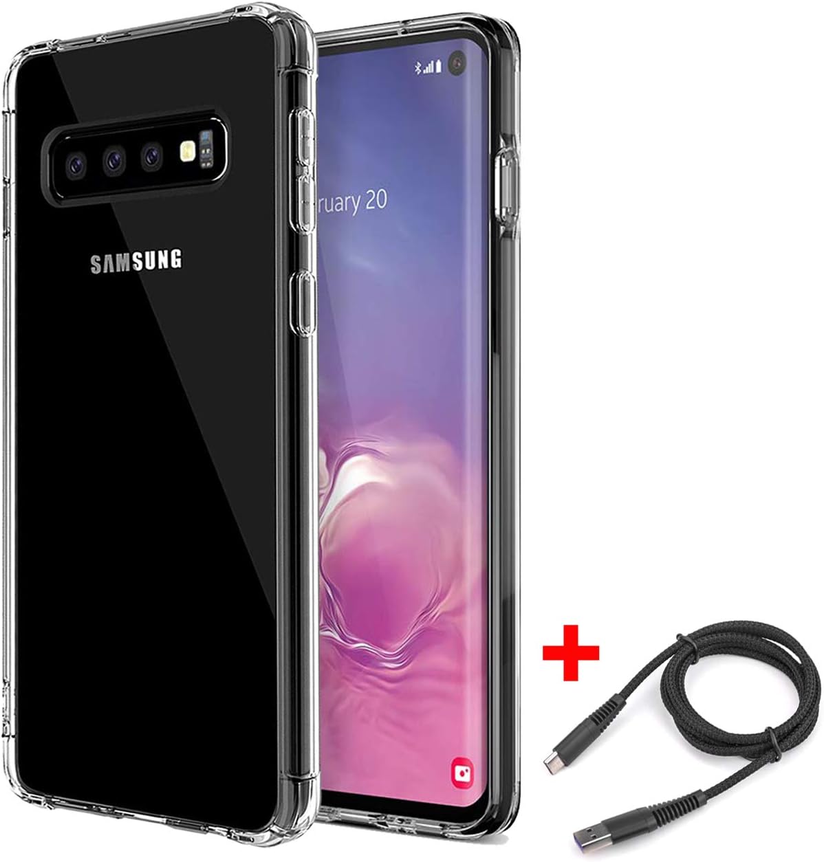 Kuool Compatible with Galaxy S10 Plus Case Clear,[Gift 5A USB Type C Cable 3FT] Anti-Scratch Shock Absorption Cover Case for Samsung Galaxy S10+ Clear