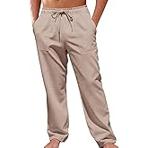 Runcati Mens Casual Pants Elastic Waist Drawstring Linen Lightweight Loose Fit Pants Summer Beach Yoga Trousers
