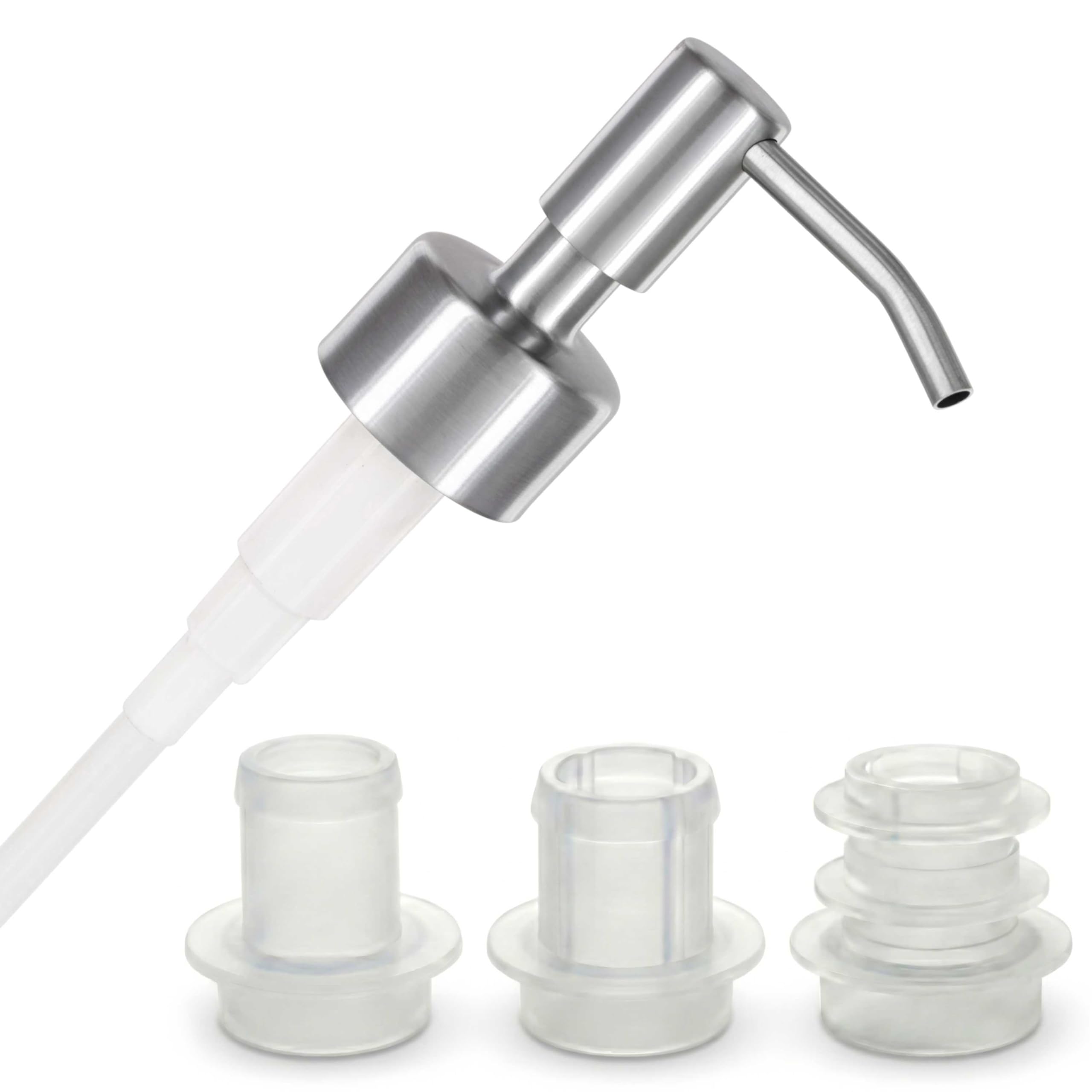 ALTGLAS Upcycling Soap Dispenser Pump Head 'Budapest' with 3 Silicone Stoppers Fitting Ring Set for All Bottle Openings With Diameter 18-23mm (Silver Brushed)