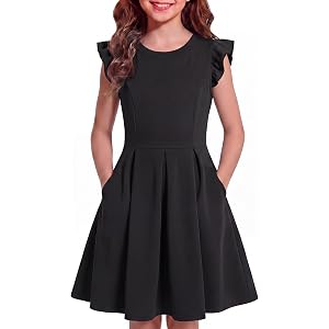 KIRACELLE Girls Ruffle Sleeve Skater Dress HiddenPockets Stretchy Cotton Knee Length Casual for School Party Daily Wear 4-14Y