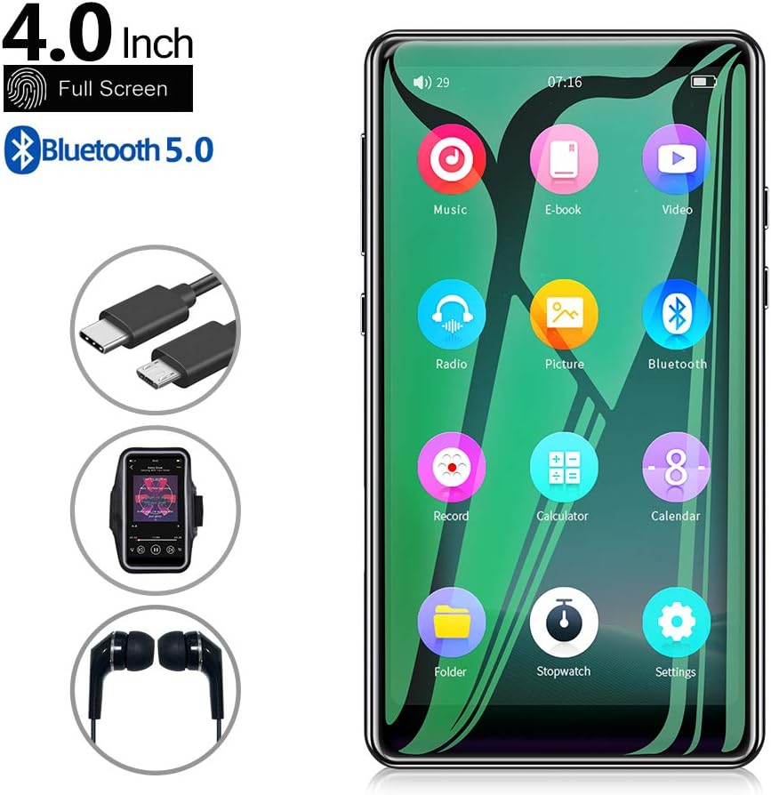 Mp3 Player with Bluetooth 5.0,Tengsen 4.0" Full Touchscreen HD Video Mp4 Mp3 Music Player with Speaker, 16GB Portable HiFi Sound with FM Radio, Voice Recorder, E-Book, Sport Pedometer,Support TF Card: Home Audio & Theater