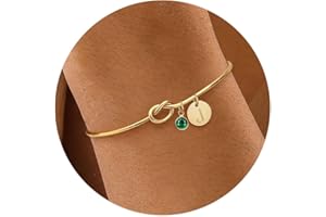 KAERUN Initial Birthstone Gold Bracelets for Women Trendy 14K Gold Plated Letter A-Z Initial Charm Bracelet Tie the Love Knot Adjustable Cuff Bangle Birthstone Bracelets Birthday Bridesmaid Proposal Gifts