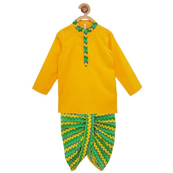 Campana By Hopscotch Boys Cotton Zig Zag Dhoti Kurta Set in Yellow Color
