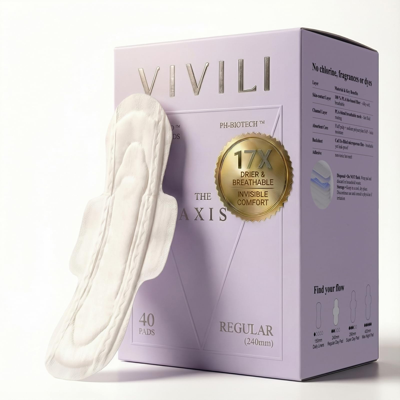 Photo 1 of VIVILI pH 4.5 Organic Alternative Pads (Regular 9.5" / 240mm) - Ultra-Thin 100% Bio-Silk PLA. Breathable & 17x Drier Than Organic Cotton for Sensitive Skin, Unscented with Wings (40 Count)