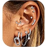AOEDEJ 8Pairs 14K Gold Plated Hoop Stud Earring Stacks for Women Chain Cartilage Earrings Hypoallergenic Silver Huggie Earrings Sets for Multiple Piercing Jewelry