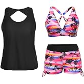 Yonique 3 Piece Tankini Swimsuits for Women Swim Tank Top Bathing Suits with Boy Shorts and Bra Athletic Swimwear