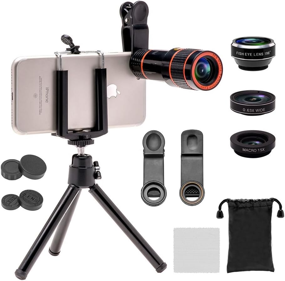 4 in 1 Camera Lens Kit(12x HD Optical Zoom Lens, 198 Fisheye,0.63x Wide Angle,15x Macro, Mini Tripod & Phone Holder) Compatible for iPhone 8/7/ 6/6s Plus Samsung HTC Tablet Andriod Phone