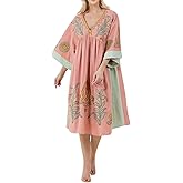 Joiemont Womens Oversized Floral Embroidered Long Dress with V-Neck and 3/4 Sleeves Vintage Embroidery Babydoll Dress