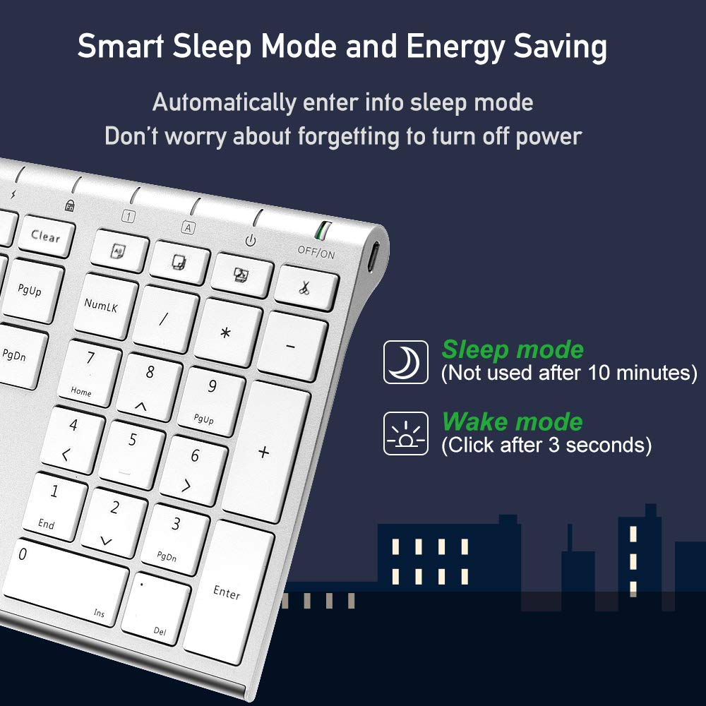 Keyboard and Mouse, Sonkir K-18 2.4GHz Ultra Thin Rechargeable Aluminum Full Size Wireless Keyboard Mouse Set for Windows, Laptop, PC, Notebook (Silver)