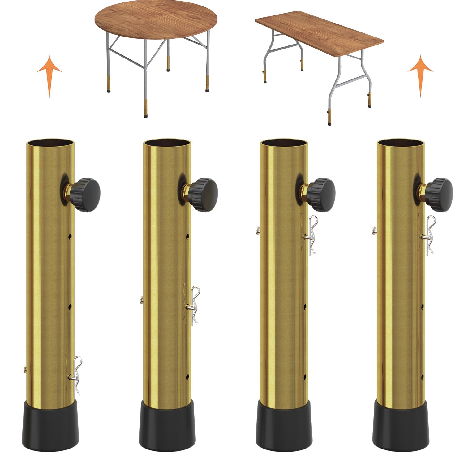 Photo 1 of Pintuson 4 Pack Gold Table Leg Extenders - 3 Levels Heights Adjustable Table Risers for Folding Table, Rises 2/4/6 Inch, Suitable for Sewing Room, Card Desk