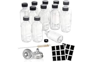 Z-synka 12pack 2oz Glass Bottles with Caps(60ml) Wellness Shot Bottles,Whiskey Sample Bottles with 2 Stainless Steel Funnels,16 Chalkboard Labels,1 Small Bottle Cleaning Brush
