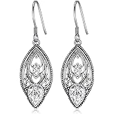 925 Sterling Silver Vintage Oxidized Filigree Dangle Drop Earrings with 7mm Teardrop 12 Months Birthstone Jewelry Gifts for Women