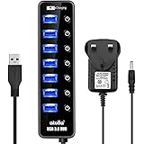 Atolla Powered USB 3.0 Hub 7 Ports Multi Port USB Splitter with Switches + 1 Smart Charging Port(Max:2.4A) with 5V/3A Power Supply Adapter (Black)