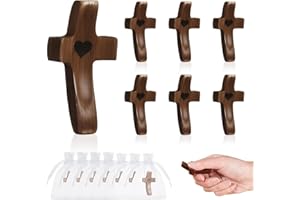 Wonninek 7Pcs Wooden Crosses for Crafts, Walnut Pocket Crosses with Organza Bags, Fingertip Stress Relief Hand Held Wood Cros