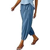 WROLEM Womens High Waist Pants Drawstring Wide Leg Cropped Casual Loose Capris with Pockets for Women