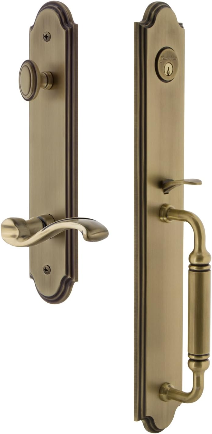 Grandeur 843010 Hardware Arc One-Piece Handleset with C Grip and Portofino Lever in Vintage Brass, Backset Size-2.375