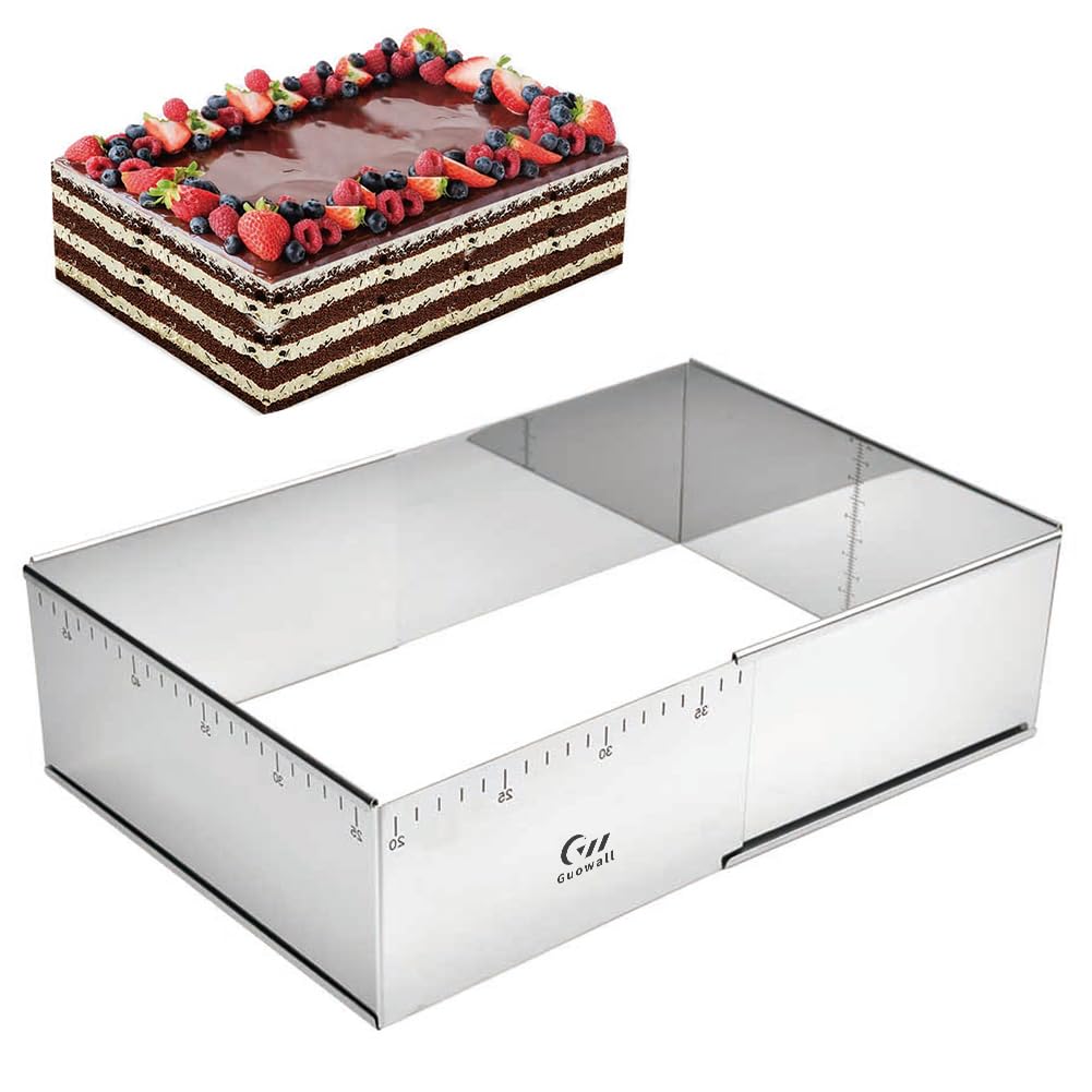 Guowall Adjustable Cake Tin, Rectangular Baking Frame, Stainless Steel Cake Mold, 25-46 cm x 19-36 cm, 10 cm High, Large, Tall Adjustable Baking Tin — image 1