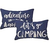 Adventure Camper Decorative Lumbar Pillowcase Double-Sided Let’s Go Camping/Adventure Awaits Throw Pillow Covers Cabin/Camper Cushion Covers 12x20,2Pack for Sofa/Couch/Porch (Blue)