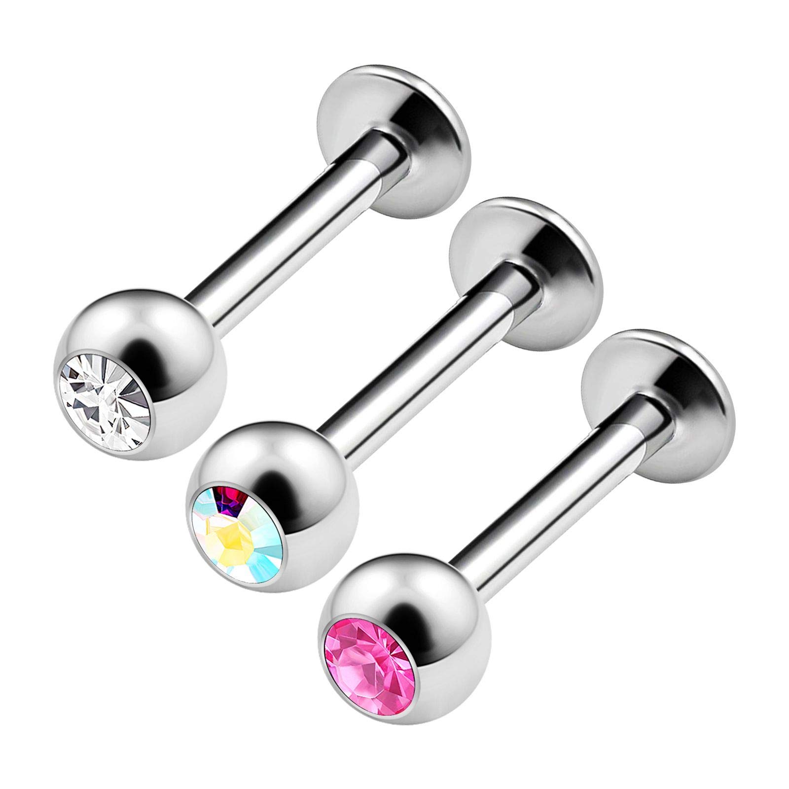 KJM FASHION 3PCS Stainless Steel Labret Lip Rings 14 Gauge 5/16 8mm 4mm Crystal Ball Auricle Lobe Earring Auricle Piercing Jewellery 3271