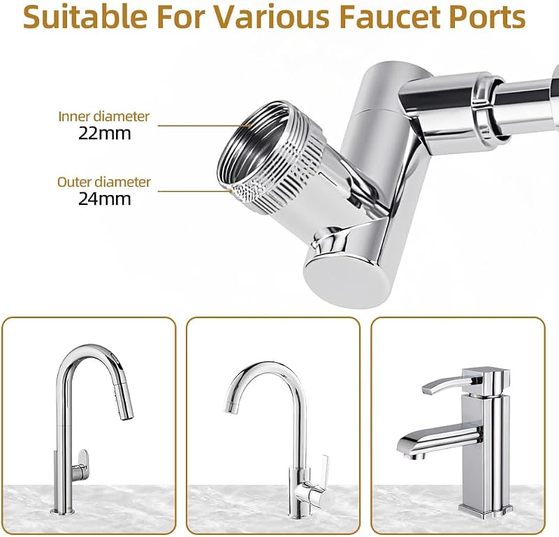 Rubinetto girevole a 1440 gradi, rubinetto di prolunga per rubinetto multifunzionale, con 2 adattatori regolabili, prolunga per rubinetto per bagno e cucina — foto 7 di 7