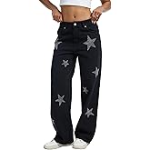 Wanduyini Women's Rhinestone Embellished Straight Leg Jeans Star Sparkling Denim Pants for Parties Night Out Casual Glam