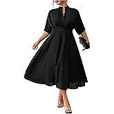 WDIRARA Women's Plus Size Textured Ruffle Flowy Midi Dress Notched V Neck Half Sleeve A Line Dresses